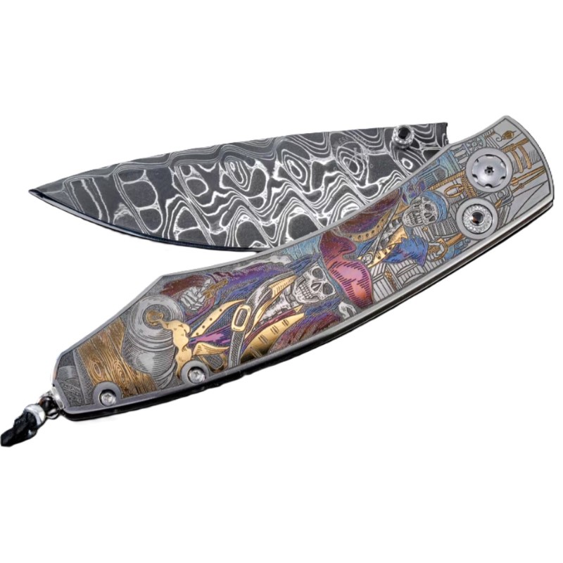William Henry Ghost Pirates III Color Laser-Engraved Folding Knife with Hand-Forged Damascus Blade